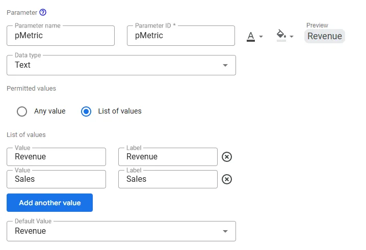 Sélecteur de paramétrage de Looker avec options Revenue et Sales illustrés au formulaire